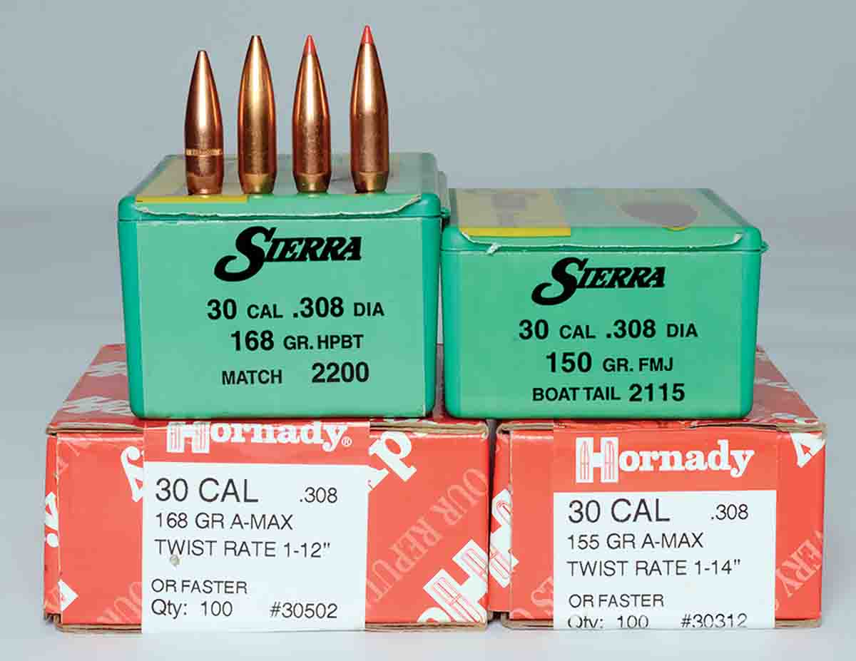 Mike’s .308 Winchester handloads for the Squad Scout carried these four types of bullets.